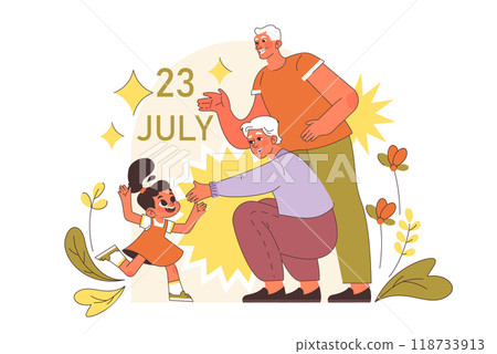 International grandparents day. Elderly people with grandchildren. Grandmother and grandfather celebrating a holiday on July 23th. Flat vector illustration 118733913