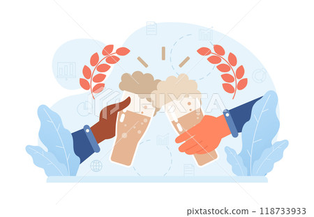 Oktoberfest festival. Bavarian pub. Character holding a full glass of beer with foam. Traditional annual beer carnival in Germany. Flat vector illustration 118733933