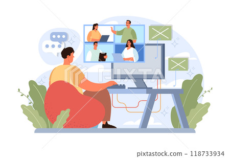 Workcation. Chatacter working away from the office. Digital nomad or freelancer working remotely and globaly. Flexible schedule, outsource technology and work tourism. Flat vector illustration 118733934
