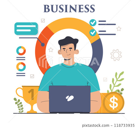 Business development set. Entrepreneurship success and growth strategy. Management, planning and competitor analysis. Company innovations for career progress. Flat vector illustration 118733935