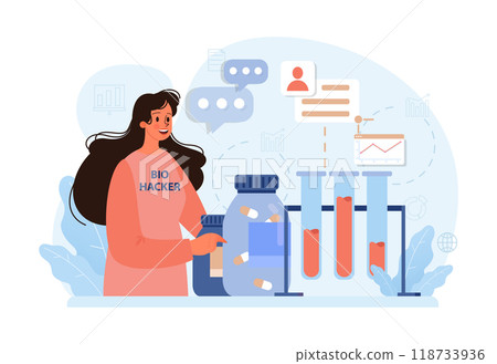 Biohacking. Health' engineering and improving with modern monitoring system, supplements, diet, and lifestyle changes. Human biological well-being and youth maintaining. Flat vector illustration 118733936