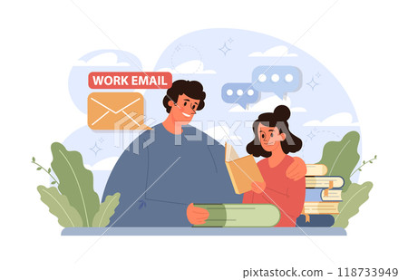 Workcation. Chatacter working away from the office. Digital nomad or freelancer working remotely and globaly. Flexible schedule, outsource technology and work tourism. Flat vector illustration 118733949