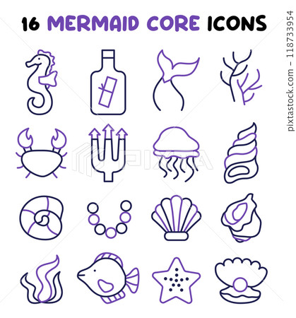Mermaid icons set. Magical undersea world, seashell, starfish, corals and seaweed. Underwater fairy marine elements and ocean creatures. Flat vector illustration 118733954