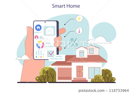 Artificial intelligence technology, smart home. Idea of wireless technology and automation og house applience. Electronic security, thermostat and light system. Flat vector illustration 118733964