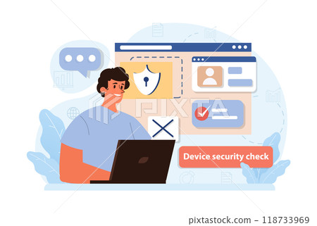Cyber or web security set. Artificial intelligence provide data protection and database safety of a digital device. Protection of the internet access, cyber attack prevention. Flat vector illustration Cyber or web security set. Artificial intelligence provide data protection and database safety of a digital device. Protection of the internet access, cyber attack prevention. Flat vector illustration 118733969