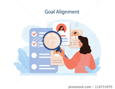 HR agent professional tasks. Human resources manager aligning goals, connection of organizational, team and individual goals. Personnel management. Flat vector illustration HR agent professional tasks. Human resources manager aligning goals, connection of organizational, team and individual goals. Personnel management. Flat vector illustration 118733970