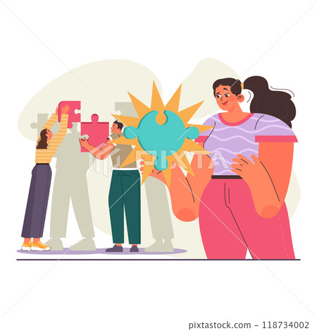 Uniqueness and individuality. Character standing out from the crowd, choosing another way. Original idea or path, different appearance. Flat vector illustration Uniqueness and individuality. Character standing out from the crowd, choosing another way. Original idea or path, different appearance. Flat vector illustration 118734002