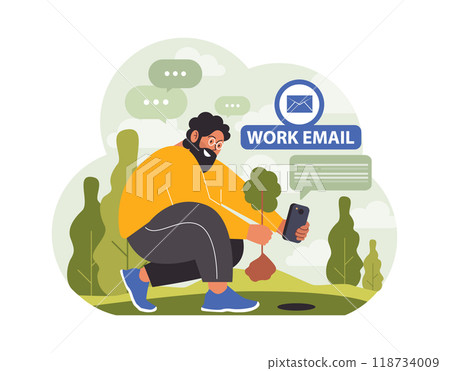 Workcation. Chatacter working away from the office. Digital nomad or freelancer working remotely and globaly. Flexible schedule, outsource technology and work tourism. Flat vector illustration Workcation. Chatacter working away from the office. Digital nomad or freelancer working remotely and globaly. Flexible schedule, outsource technology and work tourism. Flat vector illustration 118734009
