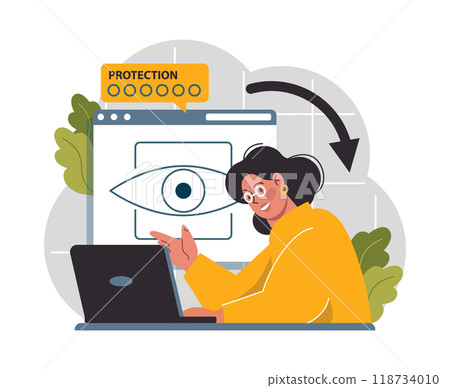 Cyber or web security set. Artificial intelligence provide data protection and database safety of a digital device. Protection of the internet access, cyber attack prevention. Flat vector illustration Cyber or web security set. Artificial intelligence provide data protection and database safety of a digital device. Protection of the internet access, cyber attack prevention. Flat vector illustration 118734010
