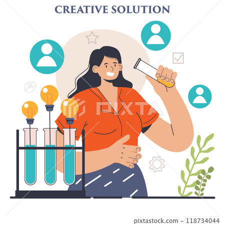 Finding a solution. Generation of a creative idea in a brainstorm. Character coming up with innovative strategy or way to solve a problem or find the answer. Flat vector illustration Finding a solution. Generation of a creative idea in a brainstorm. Character coming up with innovative strategy or way to solve a problem or find the answer. Flat vector illustration 118734044