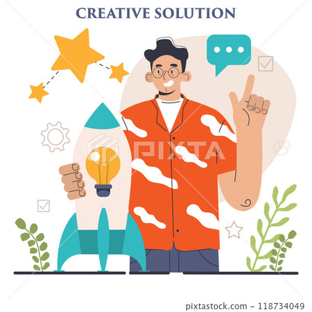 Finding a solution. Generation of a creative idea in a brainstorm. Character coming up with innovative strategy or way to solve a problem or find the answer. Flat vector illustration Finding a solution. Generation of a creative idea in a brainstorm. Character coming up with innovative strategy or way to solve a problem or find the answer. Flat vector illustration 118734049