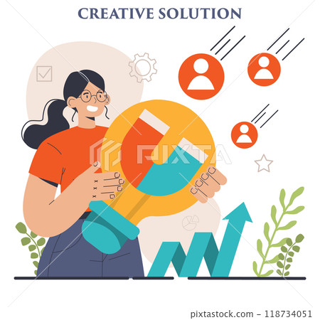 Finding a solution. Generation of a creative idea in a brainstorm. Character coming up with innovative strategy or way to solve a problem or find the answer. Flat vector illustration Finding a solution. Generation of a creative idea in a brainstorm. Character coming up with innovative strategy or way to solve a problem or find the answer. Flat vector illustration 118734051