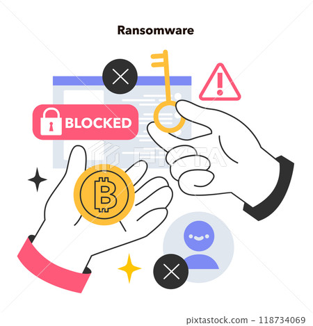 Ransomware hacker attack. Type of extortion software or malware that locks access to data or a computer system. Hacker demanding a ransom to unblock the database. Flat vector illustration 118734069