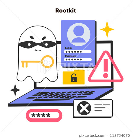 Rootkit. Computer program hiding malicious actions from antiviruse or masking a malware work. Malware getting an access to a computer. Flat vector illustration 118734070