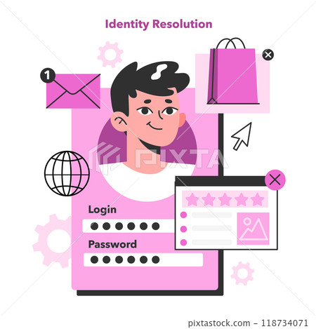 Identity resolution. Process of customer data management. User or consumer online behavior analytics and web identity building. Marketing srategy building. Flat vector illustration 118734071