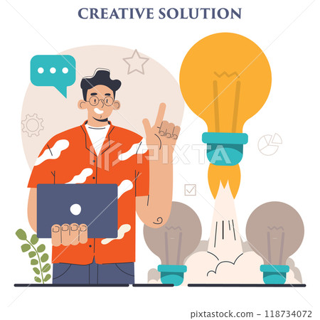 Finding a solution. Generation of a creative idea in a brainstorm. Character coming up with innovative strategy or way to solve a problem or find the answer. Flat vector illustration 118734072