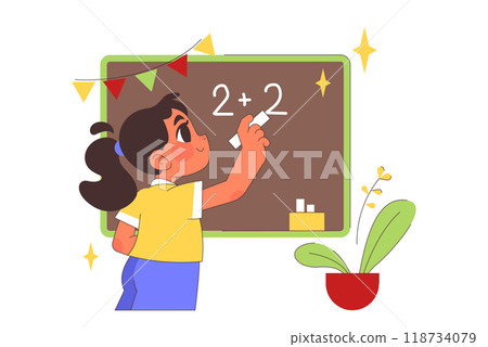 Back to school. Children doing school subject research. Happy girl doing math at the chalkboard. STEM education. Multidisciplinary studying, academic knowledge gaining. Flat vector illustration 118734079