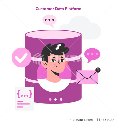 Digital marketing. Customer data platform or CDP. Client profile, portfolio, marketing data storage. Brand marketing data server. Flat vector illustration 118734082