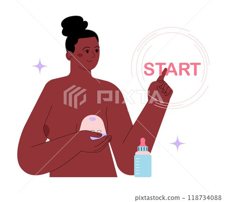 FEMTECH. Technologies, product and service for woman's health. Lactating woman using breast milk pumping device. Pregnancy and postpatrum support. Flat vector illustration FEMTECH. Technologies, product and service for woman's health. Lactating woman using breast milk pumping device. Pregnancy and postpatrum support. Flat vector illustration 118734088