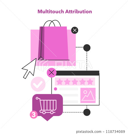 Multi-touch attribution. Marketing effectiveness assesment with customer journey tracking technique. Targeting advertising, content plan and marketing compaign development. Flat vector illustration 118734089