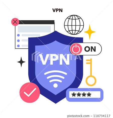 VPN service. Virtual pivate network access. Secure Internet connection and privacy protection between a computing device and a computer network. Flat vector illustration VPN service. Virtual pivate network access. Secure Internet connection and privacy protection between a computing device and a computer network. Flat vector illustration 118734117