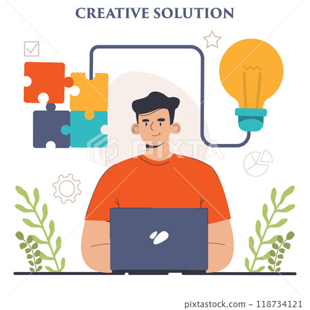 Finding a solution. Generation of a creative idea in a brainstorm. Character coming up with innovative strategy or way to solve a problem or find the answer. Flat vector illustration Finding a solution. Generation of a creative idea in a brainstorm. Character coming up with innovative strategy or way to solve a problem or find the answer. Flat vector illustration 118734121
