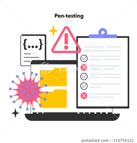 Pentesting. Cyber or web security technology. Digital data protection and database safety. Bugs correction and cyberattack prevention. Flat vector illustration Pentesting. Cyber or web security technology. Digital data protection and database safety. Bugs correction and cyberattack prevention. Flat vector illustration 118734122
