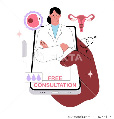 FEMTECH. Online gynecologist consultation. Mobile application, website or online platform and service providing free female health information. Flat vector illustration FEMTECH. Online gynecologist consultation. Mobile application, website or online platform and service providing free female health information. Flat vector illustration 118734126