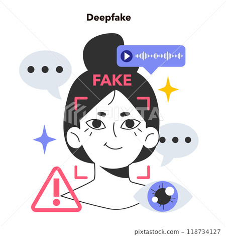 Deepfake. Synthetic media manipulating and replacing one person's likeness convincingly with that of another. Artificial intelligence service. Flat vector illustration Deepfake. Synthetic media manipulating and replacing one person's likeness convincingly with that of another. Artificial intelligence service. Flat vector illustration 118734127