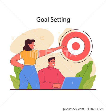 Goal setting. Idea of strategy development and moving towards success. Businesswoman pointing to ato target. Time table organization for performance efficiency. Flat vector illustration Goal setting. Idea of strategy development and moving towards success. Businesswoman pointing to ato target. Time table organization for performance efficiency. Flat vector illustration 118734128