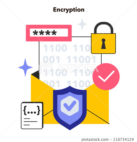 Encryption. Data protection technology. Scrambling digital information into a secret code. Unique digital key for data access. Flat vector illustration Encryption. Data protection technology. Scrambling digital information into a secret code. Unique digital key for data access. Flat vector illustration 118734129