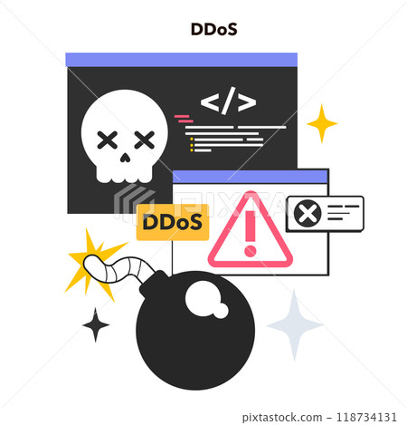 Distributed denial of service. Cyber-attack that makes machine or network resource unavailable to users. Cybersecurity threat. Flat vector illustration 118734131