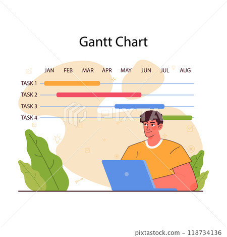 Planning and organization of tasks on board. Character planning or checking task, appointment or assignment in a planner. Time table organization for performance efficiency. Flat vector illustration 118734136