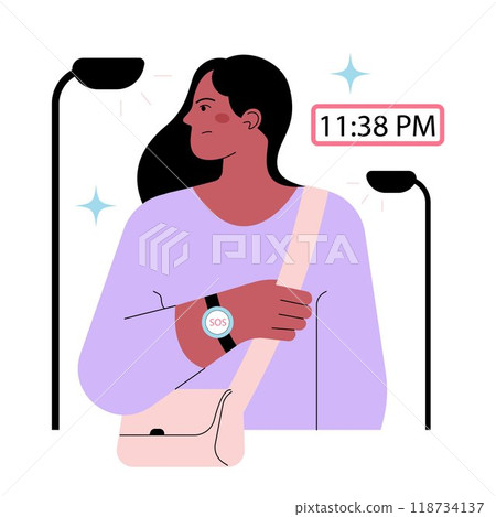 FEMTECH. Technologies for women's wellbeing and security. Girl walking on the streets late at night. Sexual assault and harassment prevention device. SOS button. Flat vector illustration 118734137
