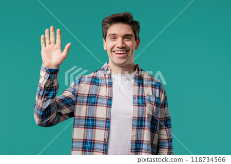 Friendly mature american Young Man Waving Hand - Hello, Hi, Salute. Greetings. 118734566