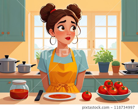 Flat Illustration of a Woman Pondering a Recipe in a Pastel Kitchen. Thoughtful Woman in Cozy Kitchen Contemplating Meal Ideas Flat Illustration of Everyday Cooking Flat Illustration of a Woman Pondering a Recipe in a Pastel Kitchen. Thoughtful Woman in Cozy Kitchen Contemplating Meal Ideas Flat Illustration of Everyday Cooking 118734997