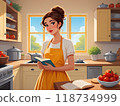 Thoughtful Home Cook Planning Meal in Cozy Kitchen. Culinary Dilemma: Puzzled Woman in Yellow Sundress Contemplating Recipes 118734999