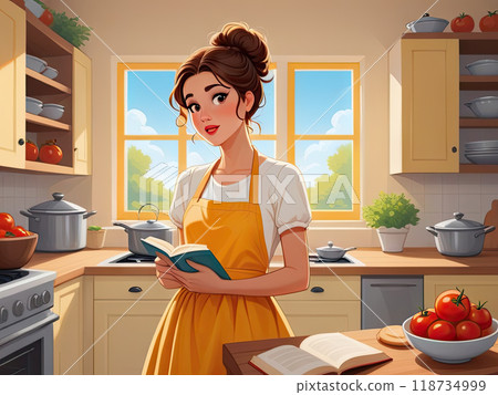 Thoughtful Home Cook Planning Meal in Cozy Kitchen. Culinary Dilemma: Puzzled Woman in Yellow Sundress Contemplating Recipes Thoughtful Home Cook Planning Meal in Cozy Kitchen. Culinary Dilemma: Puzzled Woman in Yellow Sundress Contemplating Recipes 118734999