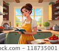 Stylized flat illustration of a thoughtful woman standing in a cozy, modern kitchen, surrounded by open recipe books and scattered utensils, with a puzzled expression on her round, caramel-colored 118735001