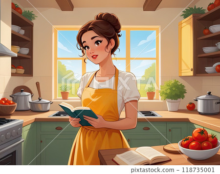 Stylized flat illustration of a thoughtful woman standing in a cozy, modern kitchen, surrounded by open recipe books and scattered utensils, with a puzzled expression on her round, caramel-colored 118735001