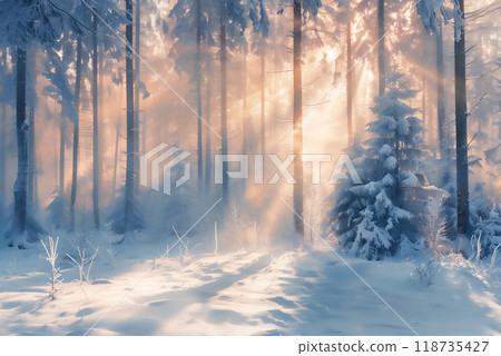 A winter morning in a snow-covered forest with sunlight filtering through tall trees. A winter morning in a snow-covered forest with sunlight filtering through tall trees. 118735427