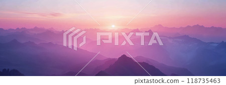 Stunning sunrise over misty mountain peaks showcasing vibrant colors in the tranquil morning sky. Stunning sunrise over misty mountain peaks showcasing vibrant colors in the tranquil morning sky. 118735463