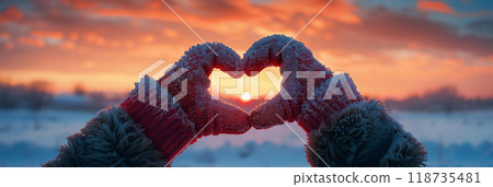 Hands forming a heart shape against a stunning sunset in a snowy landscape. 118735481