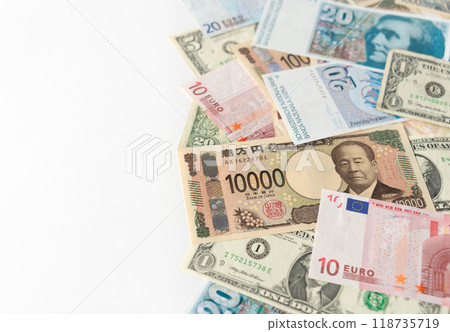 Foreign currency and Japanese yen, US dollar, and euro banknotes 118735719