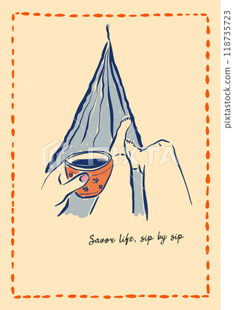 Vector motivation poster with coffee and hammock. Hand-drawn vintage poster with handwritten phrase Savor life, sip by sip isolated on beige background. For design, print, interior, background. Vector motivation poster with coffee and hammock. Hand-drawn vintage poster with handwritten phrase Savor life, sip by sip isolated on beige background. For design, print, interior, background. 118735723