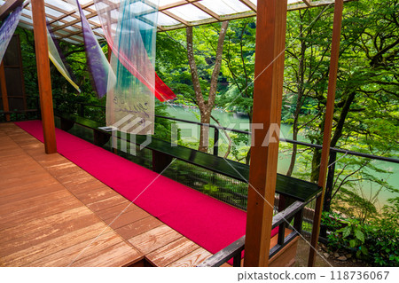 Japanese garden view with reflection and flowers, in Arashiyama Kyoto, Japan Japanese garden view with reflection and flowers, in Arashiyama Kyoto, Japan 118736067