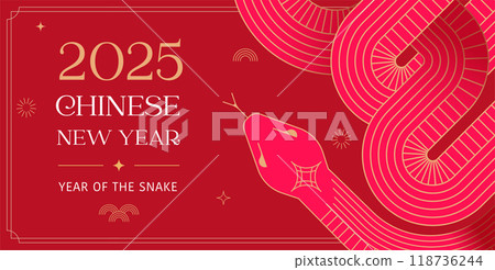 Chinese new year 2025 year of the Snake. Abstract background. Linear geometric red Snake 118736244