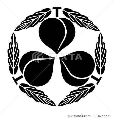 三個帶葉子的桃子。日本家族徽章向量圖示插畫。 三個帶葉子的桃子。日本家族徽章向量圖示插畫。 118736360
