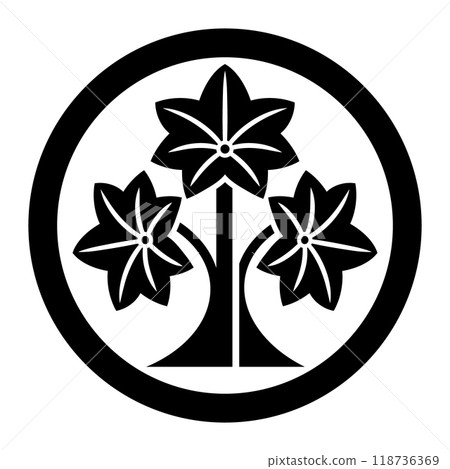 Chuwanitachimomiji (Standing maple leaves in the middle circle). Vector icon illustration of a Japanese family crest with a maple leaf motif. Chuwanitachimomiji (Standing maple leaves in the middle circle). Vector icon illustration of a Japanese family crest with a maple leaf motif. 118736369
