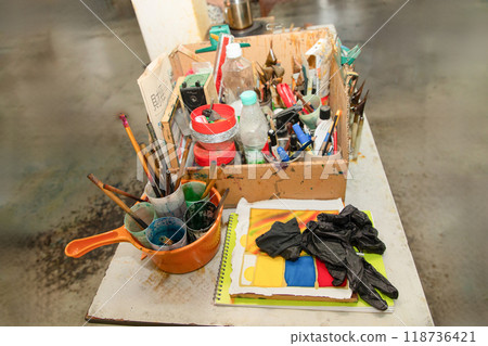 Artistic arrangement Malaysian hand batik equipment and tools 118736421